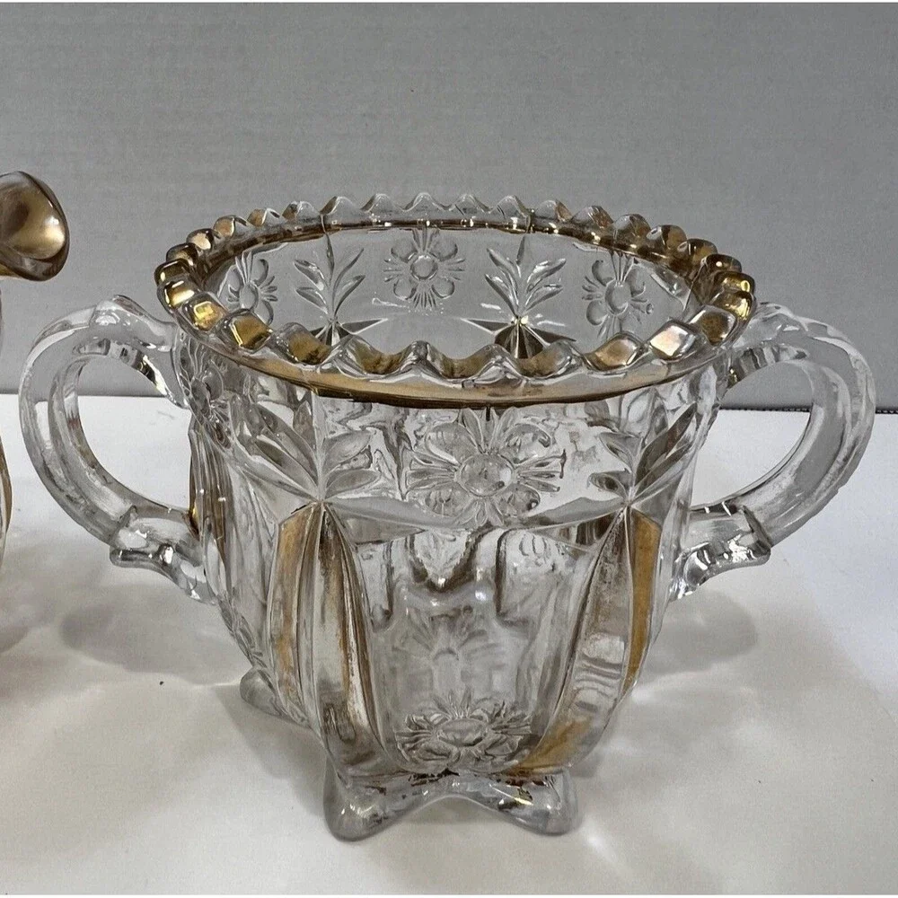 Antique 1897 EAPG Glass Sugar And Creamer Set Harvard Yard Gold Gilding Trim